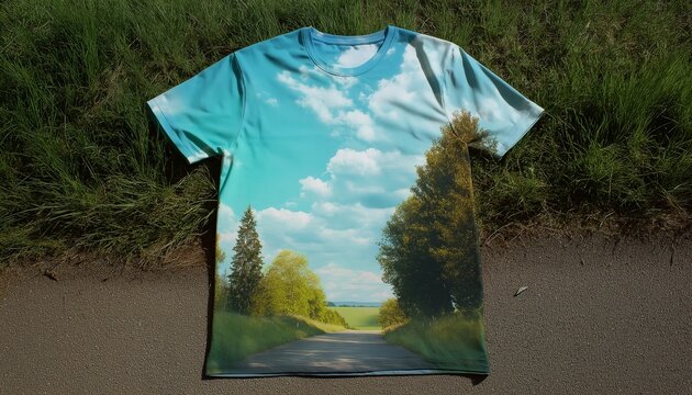 Landscape t-shirt on grass and pavement