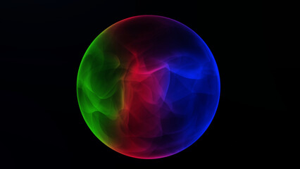 Vibrant multicolor abstract sphere with flowing waves on dark background, colorful 3D glowing ball with red green and blue gradients, modern digital energy shape for backgrounds and design