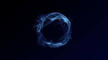 Digital blue particle sphere in motion, abstract 3D glowing data cloud forming dynamic ring shape on dark background, futuristic sci-fi tech animation for visual effects and backgrounds