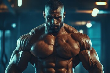 Muscular athlete showcasing physique in an indoor gym setting during evening workout session