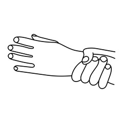 One Hand Grabbing Another by the Wrist Outline Vector Illustration. Black and white line art depicting one hand firmly grabbing another persons wrist.