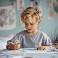 Young boy painting in a cozy art studio – creative childhood moment, home learning and artistic expression concept