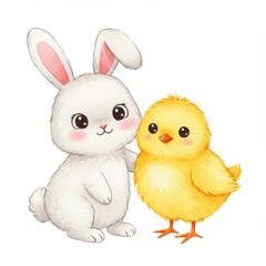 Cute White Bunny and Yellow Chick Illustration