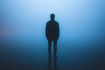 Mysterious figure standing in dense fog at twilight, captivating the mood of solitude and introspection