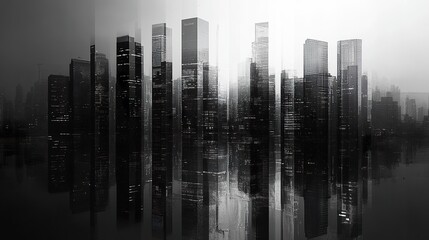 Obraz premium Stunning cityscape landscape showcasing a cluster of skyscraper buildings with reflective glass facades, ideal for modern wallpaper design. 