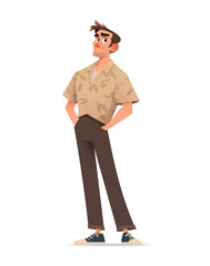 Cartoon man in a tropical beige shirt, brown pants, and sneakers, standing confidently with hands in pockets. A trendy and relaxed character for lifestyle, design, and animation projects