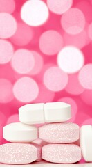 Stack of white and pink glitter pills on vibrant pink bokeh background – concept for beauty supplements, wellness, or pharmaceutical advertising