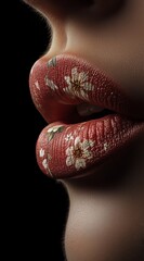Close up of lips with floral texture on dark background representing beauty, sensuality, cosmetics, art makeup and creative fashion concept