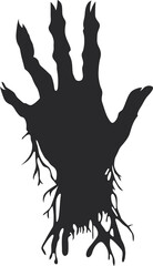 Silhouette of gnarled hand emerging from darkness, fingers reaching out, creating a mysterious and unsettling visual effect.