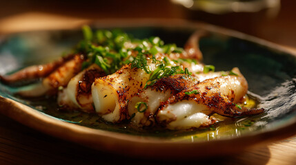 Grilled calamary process with garlic sauce on a ceramic plate, ready to indulge.
