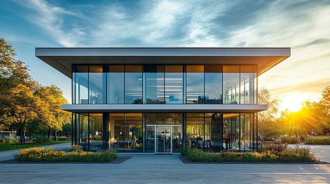 Stylish small office structure with large glass walls and a modern facade, highlighted by a bright, expansive sky. 