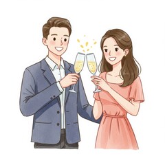 Happy Couple Toasting with Champagne in Watercolor Style