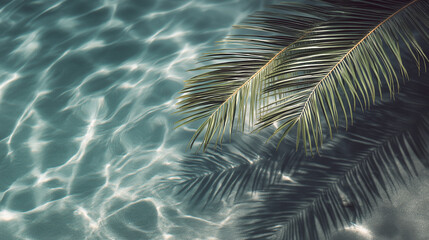 Tropical palm leaf casting a shadow over clear turquoise water with sunlight reflections and ripples.