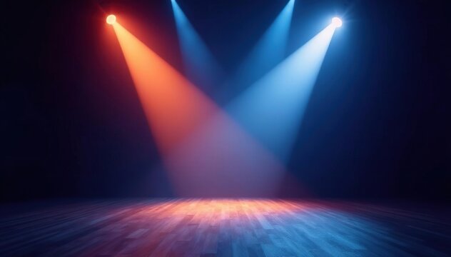 Two spotlights crossing on empty stage, intense beams, intersection, empty, spots