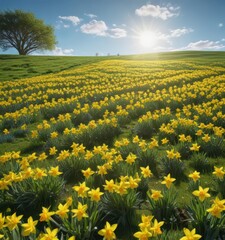 Obraz premium A carpet of cheerful yellow daffodils blankets a lush green field bathed in sunlight, clear blue sky above , image, botany