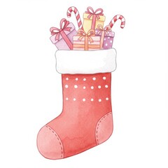 Watercolor Christmas Stocking Filled with Gifts and Candy Canes