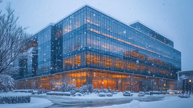 Tall glass office building with snow falling on its reflective windows, blending winter's natural beauty with urban architecture. 