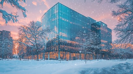 Tall, reflective glass building with snow descending, a winter wonderland framing the urban sophistication of the structure.  
