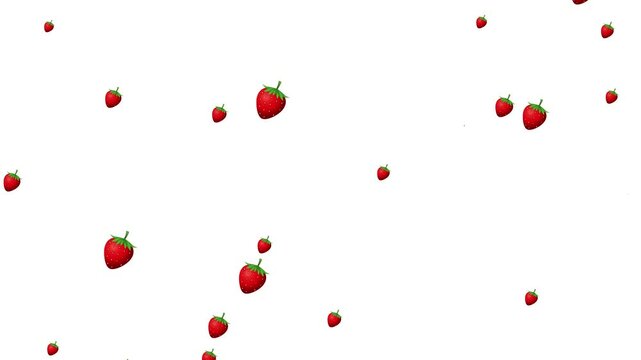 Multiple strawberries appear to fall freely against a clean white backdrop, symbolizing freshness and natural fruit abundance.