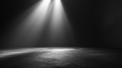 Spotlight shining on empty dark stage with concrete floor in dramatic setting