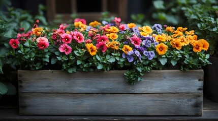 Fototapeta premium A beautiful arrangement of colorful pansy flowers spilling over the rustic wooden planter box.