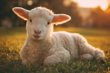 Naklejka premium Gentle Lamb in the Golden Hour: A charming and adorable lamb resting peacefully in a sunlit meadow, bathed in the warm embrace of the golden hour. capturing serenity and innocence.