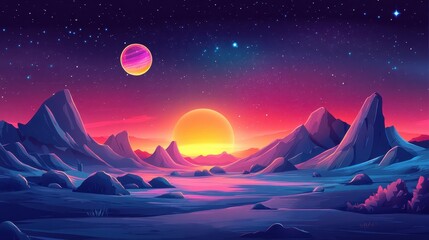 Fototapeta premium Vibrant alien landscape at sunset with colorful planet and stars in sky