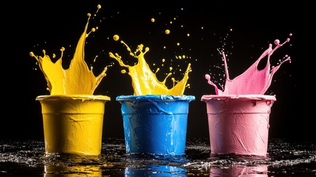 Colorful paint splashing up from containers of yellow, blue, and pink. Black backdrop