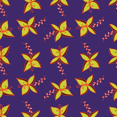 Seamless floral pattern, artistic ditsy print with vintage motif. Elegant botanical design with simple hand drawn plants: small white flowers, leaves on a black background. Vector illustration