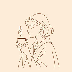 Linear silhouette of a beautiful girl drinks aromatic coffee. Vector illustration isolated on white background