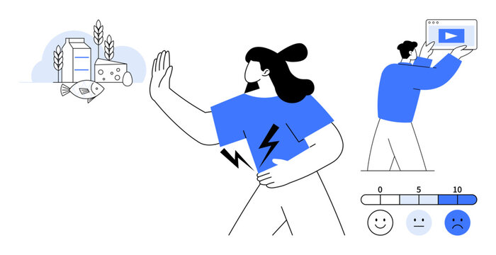 Woman turning from foods causing an allergic reaction, man watching tutorial video on screen, allergy scale. Ideal for health awareness, nutrition, wellbeing, education, food safety, allergy