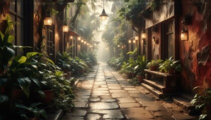Fototapeta premium a serene alleyway set within an exotic locale, possibly a resort or tropical destination