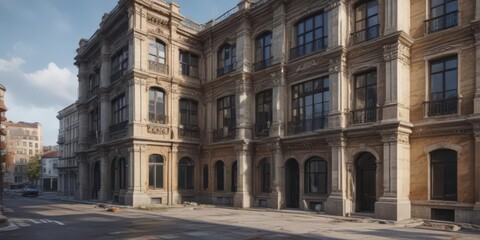 Obraz premium Dramatic transformation of luxury building from foundation to finished product , sunrise, commercial