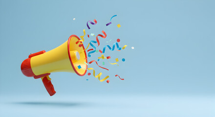 Pixelated Yellow and Red Megaphone with Colorful Confetti on Light Blue Background