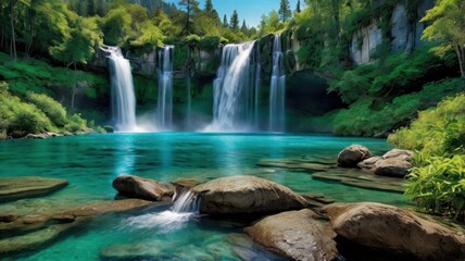 Fototapeta premium Lush waterfall cascading into a tranquil turquoise pool, surrounded by dense greenery