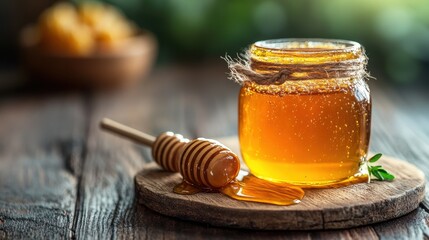Golden honey jar with dipper on rustic wooden table