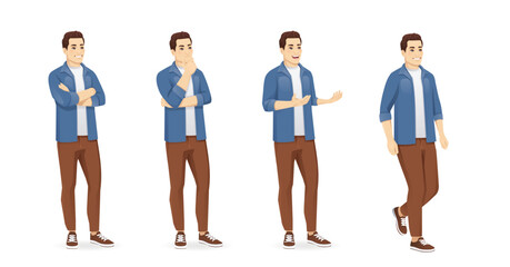 Fototapeta premium Set of young handsome man poses wearing casual clothes in half turn view. Isolated vector illustration