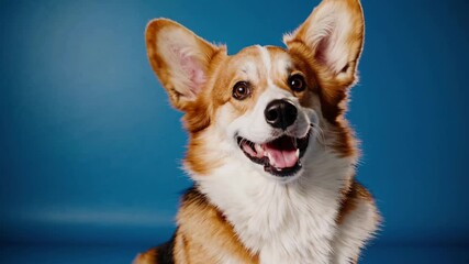 Playful corgi joyfully approaching with bright expression against blue background