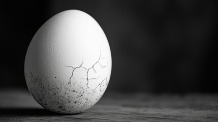 A white egg with cracks on its textured surface