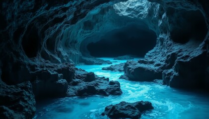 Abstract metallic waves on dark stone floor, illuminated by blue light; otherworldly and still.