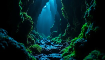Obraz premium Bioluminescent moss glows on basalt columns in a dark cavern, revealing intricate patterns and hidden beauty.