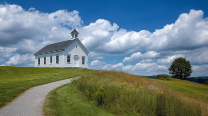 Obraz premium A serene chapel on rolling green hills with wildflowers
