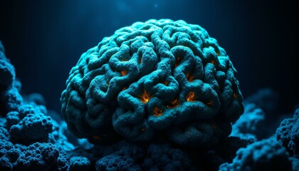 Massive brain coral glows with algae patterns in a dark, underwater trench environment.
