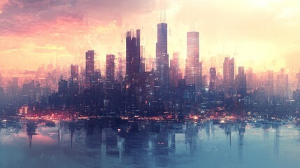 Fototapeta premium Wide cityscape wallpaper with towering skyscrapers and elegant designs, offering a modern and captivating urban landscape. 