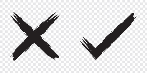 Check marks doodle set. Vote, yes, no, checkbox, checklist, tick and cross signs, v and x drawn concept. Hand drawn doodle sketch style vector illustration