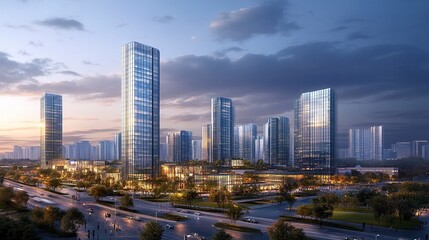Obraz na płótnie Canvas Wide view of a city skyline, modern glass facades and streamlined architecture portraying a hub of business and real estate success. 