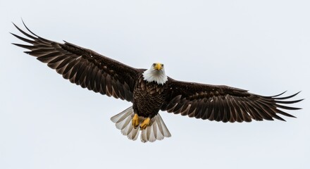 Naklejka premium A bald eagle soars through the sky with its wings spread wide against a light background above
