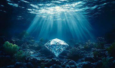 Underwater Diamond in Dark Blue Ocean with Sunlight Rays