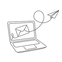 Continuous one line drawing of notebook and sending messages via email. Flying paper airplane. Flat vector illustration isolated on white background