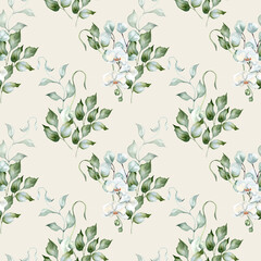 Elegant seamless pattern of white flowers, eucalyptus leaves, and holly sprigs isolated. Wavy branches and floral elements in soft watercolor tones repeated texture for design textiles and paper.